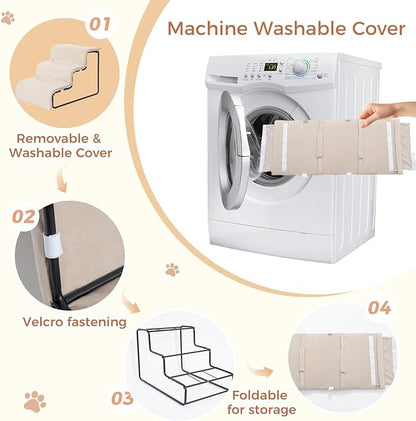 Dog Stairs for Small Dogs and Cats 15.4" H 3-Step Dog Steps for High Bed Couch and Sofa Pet Stairs with Supporting Board Pet Ramp with Non-Slip Bottom Washable Cover