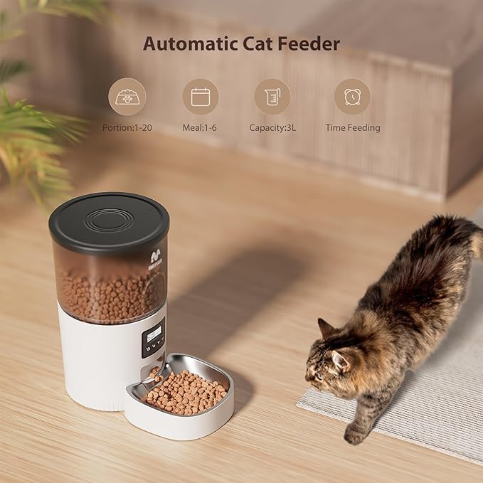 IMIPAW Automatic Cat Feeder, 3L Timed Pet Dry Food Dispenser with Clog-Free Design, Programmable, Dual Power Supply, Desiccant Bags, Auto Feeder for Cats, 1-6 Meals Per Day, with Stainless Steel