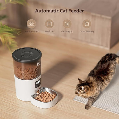 IMIPAW Automatic Cat Feeder, 3L Timed Pet Dry Food Dispenser with Clog-Free Design, Programmable, Dual Power Supply, Desiccant Bags, Auto Feeder for Cats, 1-6 Meals Per Day, with Stainless Steel