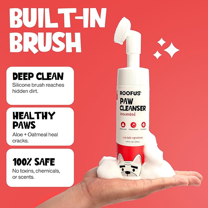 Paw Cleaner for Dogs & Cats, 200ml No-Rinse Dog Paw Cleaner Washer, Gentle Unscented Foaming Cleanser with Built-in-Brush, Paw Cleanser for Repairing & Restoring Cracked Paws (5.07 oz)
