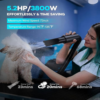 Dog Dryer, 5.2HP/ 3800W Pet Grooming High Velocity Force Blower with 4 Nozzles, Adjustable Speed and Temperature Dog Hair Dryers for Grooming