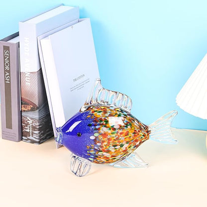 Large Hand Blown Glass Fish Figurines, Aquarium Sea Glass Art, Blue Orange Fish Statue Sculpture Modern Coastal Accent - for Beach Knick Knacks, Coffee Tables, Nautical Offices Centerpiece