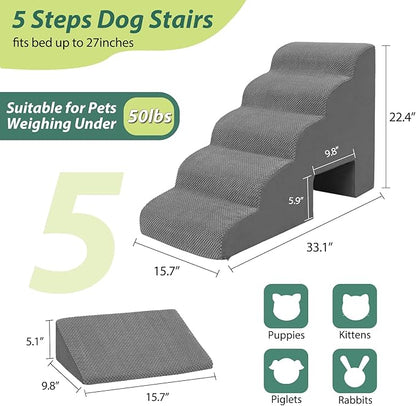 Dog Stairs for Small Dogs and Cats, 5 Tier Dog Steps for Bed and Couch, 23" H Non-Slip Foam Pet Stairs, Gray