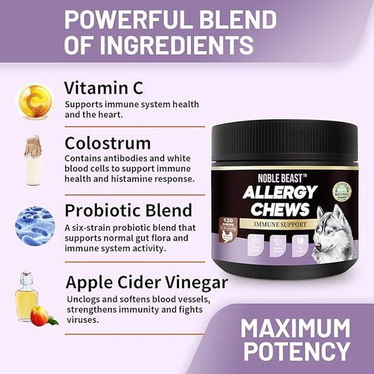 Noble Beast Dog Immune & Allergy Supplement - Itch Relief - Probiotics for Dogs - Skin & Seasonal Allergies - All Natural - Soft Chews with Hemp and Colostrum - Chicken Flavor - 120 Count