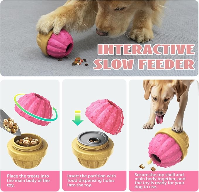 Frozen Treat Dispensing Dog Toy for Aggressive Chewers, Indestructible Chew Toys, Slow Puzzle Feeder for Small Medium Large Breed to Keep Them Busy, Reduces Anxiety, Easy to Clean, Pink