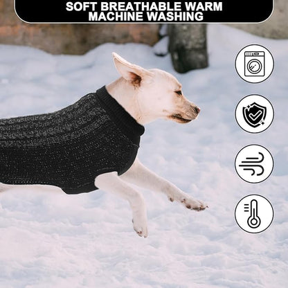 XXS Dog Sweater, Classic Cable Knit Warm Dog Sweatshirt with Reflective Yarn for Girl Boy, Halloween Fall Winter Coat Turtleneck Pullover Clothes Apparel for Small Medium Large Dogs (Black XXS)