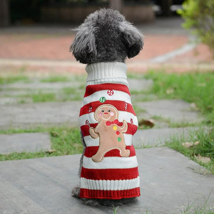 Dog Christmas Sweater Cute Striped Gingerbread Man Knitted Turtleneck Cat Ugly Xmas Outfit Holiday Puppy Costumes Fall Winter Warm Pet Sweater Vest Clothes for Small Medium Dogs Cats(M,Red)