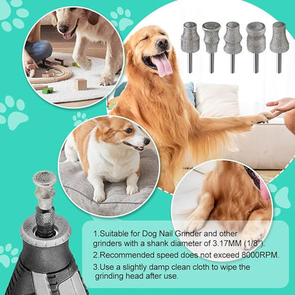 Dog Nail Grinder Bits - 5pcs 1/8" Animal Diamond Rotary Bit for Dogs and Cats, Pet Nail Grinder Wheel for Home Grooming Tools and Animal Nail Care