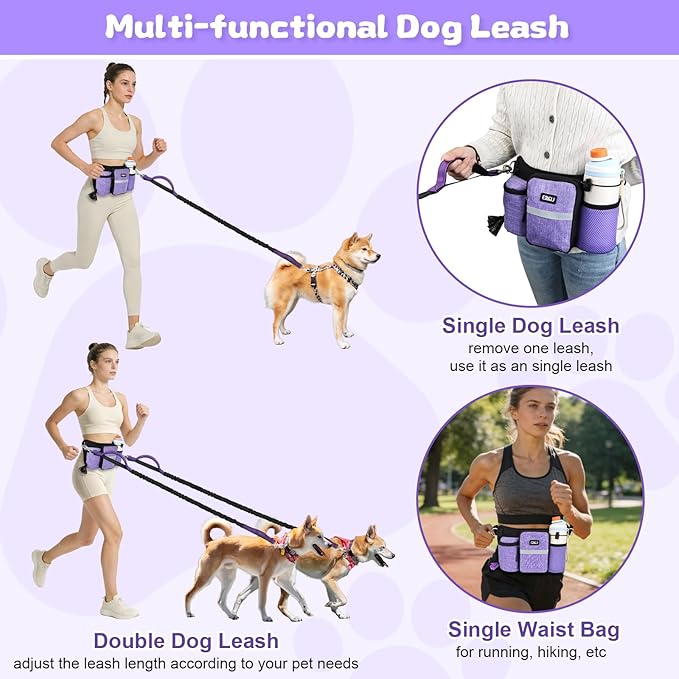 ETACCU Heavy Duty Hands Free Dog Leash with Zipper Pouch for Two Dogs, Waist Belt for Large Medium Dogs for Running, Walking, Jogging and Hiking, Dual Padded Handles and Durable Bungee (2 Dog Purple)