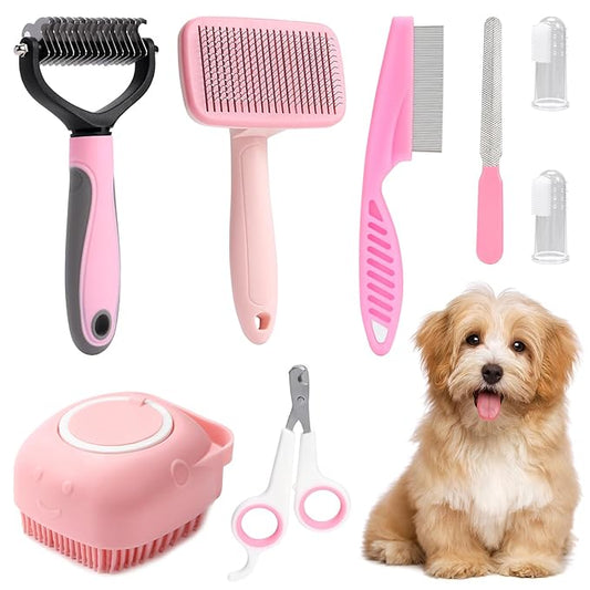 VCZONE 8 Pcs Dog Grooming Kit with Self Cleaning Tools: Nail Clipper, Flea Comb, Shampoo Brush, Shedding Brush, Dematting Comb, Silicone Toothbrush (Pink)