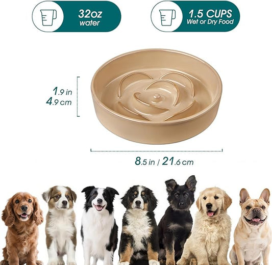 vancasso Slow Feeder Dog Bowl, 1.5 Cups Ceramic Slow Feeder for Medium Breed, Puzzle Maze Dog Food Bowl for Fast Eater, Khaki