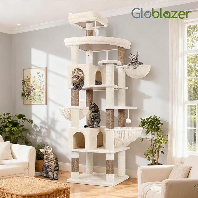 Globlazer Extra Large Cat Tree Tower, 82in Tall Heavy Duty Cat Tree for Indoor Cats Large Adult Big Cat Tower with 8 Scratching Posts, 2 Cat Condos, 2 Top Perches, 3 Hanging Baskets, S82, Beige