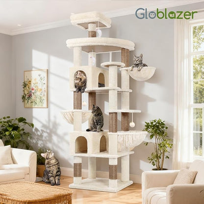 Globlazer Extra Large Cat Tree Tower, 82in Tall Heavy Duty Cat Tree for Indoor Cats Large Adult Big Cat Tower with 8 Scratching Posts, 2 Cat Condos, 2 Top Perches, 3 Hanging Baskets, S82, Beige