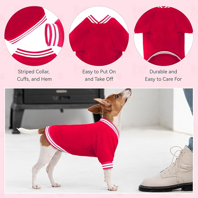 Dog Sweater Brushed Fleece Pet Clothes Baseball Jacket Soft Warm Pet Sweater Dog Sweaters for Small/Medium Dogs Boy Girl(Red-S/M)