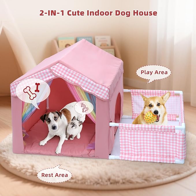 Dog House Indoor with Frame for Small to Medium Dogs, LitaiL Cute Dog Tent Bed with Play Area, Breathable, Washable, Cute Princess Dog Cat House with Soft Plush Cushion, 44" L x 26.8" W x 25" H, Pink