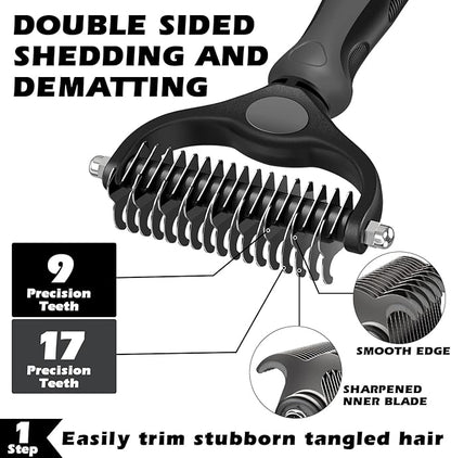 3PCS Self Cleaning Slicker Brush & Pet Grooming Rake & Flea Comb for Dogs,Cats and Horses | Double-Sided Dematting Comb & Skin Friendly Deshedding Grooming Tool | Premium Pet Supplies（Gray Black)