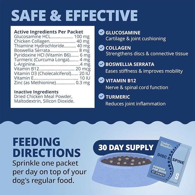 Under the Weather Disc & Spine Health Powder for Dogs | Spinal Disc Support | Vet Formulated Dog Joint Supplement for Long-Backed Breeds | IVDD Dog Supplies | Chicken Flavor Packets - 30 Day Supply S
