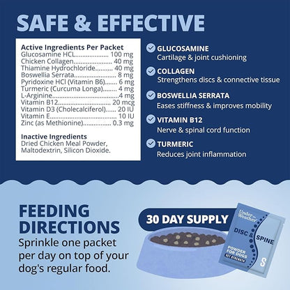 Under the Weather Disc & Spine Health Powder for Dogs | Spinal Disc Support | Vet Formulated Dog Joint Supplement for Long-Backed Breeds | IVDD Dog Supplies | Chicken Flavor Packets - 30 Day Supply S