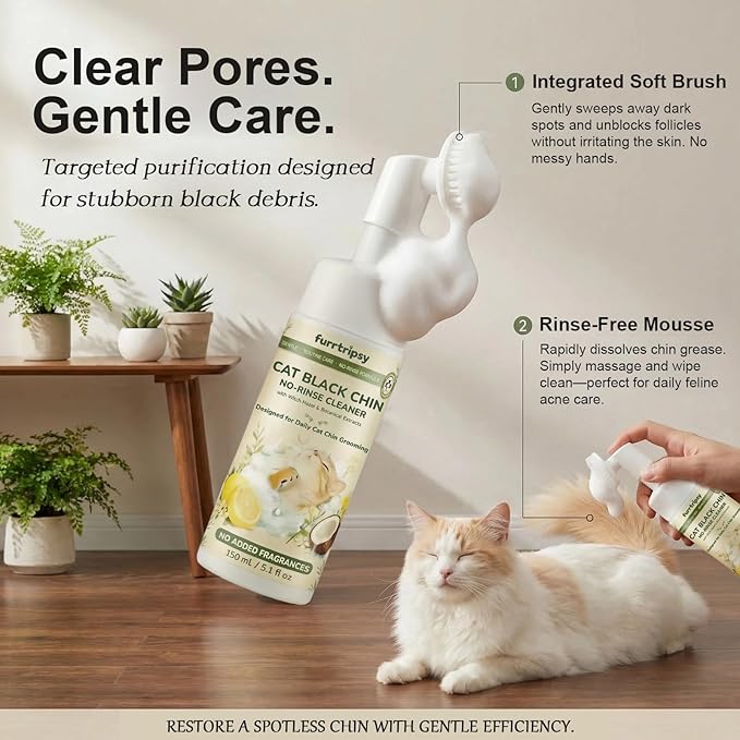 Cat Black Chin Cleaner-Reduce Blackheads and Dirt-No-Rinse Mousse with Built-in Silicone Brush - Witch Hazel and Sophora Extract-pH Balanced Gentle 2-in-1 Grooming 5.1 fl oz
