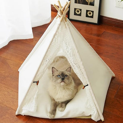 Dog Cat Teepee Tent Bed,Portable Pet Teepee for Small Animals Removable & Washable,Indoor Dog House with Cozy Cushion,Cat Teepee for Indoor Cats,Bunny Tent Outdoor (White Lace, L)