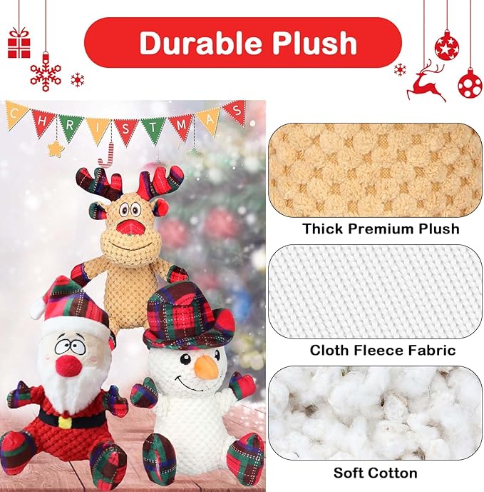 Dog Squeaker Toys, Plush Dog Toy with Squeaker, Cotton Material, Daily Entertainment & Relieve Anxiety, Chew Toy for Dogs, Not Water Resistant (Large, Christmas)