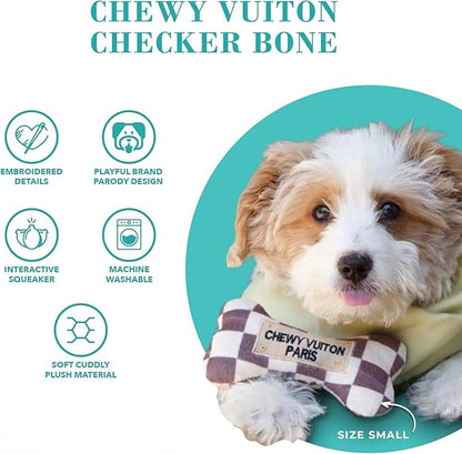 Haute Diggity Dog Checker Chewy Vuiton Bone, Plush Designer Dog Toys with Interactive Squeaker, Stimulating Pet Enrichment, Machine-Washable & Safe Materials for All Breeds, Size XL