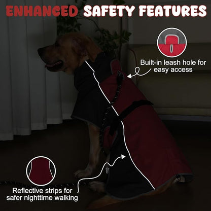 Dog Raincoat, Waterproof Dog Coat with Reflective Straps, Leash Hole & Polar Fleece Lining, Winter Snow Rain Coat for Small, Medium & Large Dogs, Warm, Windproof Vest Jackets