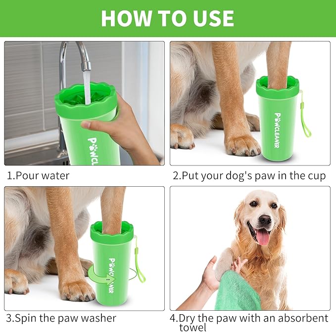 Professional 7 in 1 Dog Paw Cleaner for Dogs & Cats - Includes 1 Portable Paw Washer, 1 Bath Brush, 2 Dog Toothbrushes and 3 Absorbent Towels Note: Fits Paws 2.5 to 3.5 Inches Wide (Large, Green)