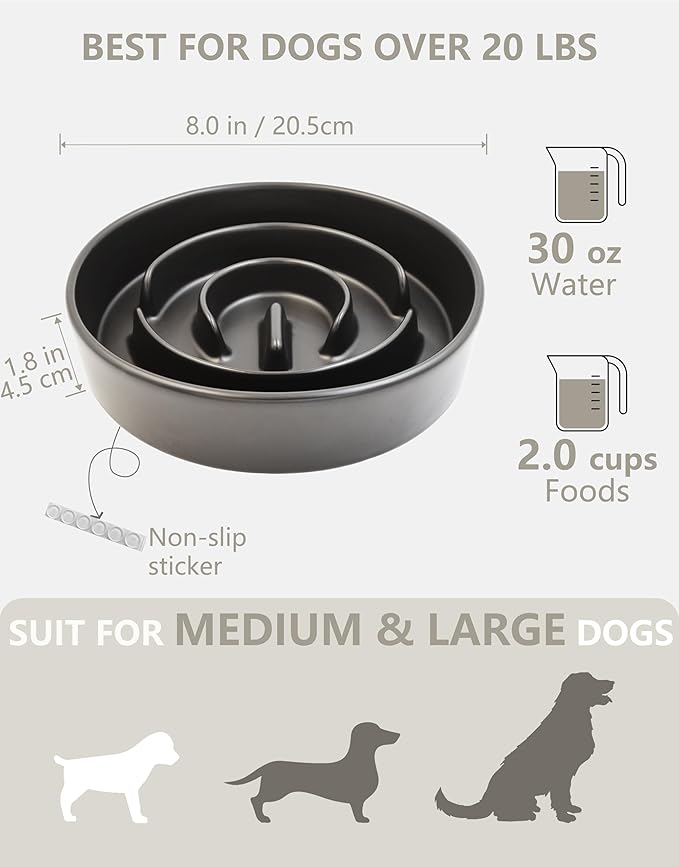 Ceramic Slow Feeder Dog Bowls, 2.0 Cups Slow Feeder for Medium and Large Dogs, Puzzle Maze Bowl to Slow Down Eating, 30oz, 8in, Black