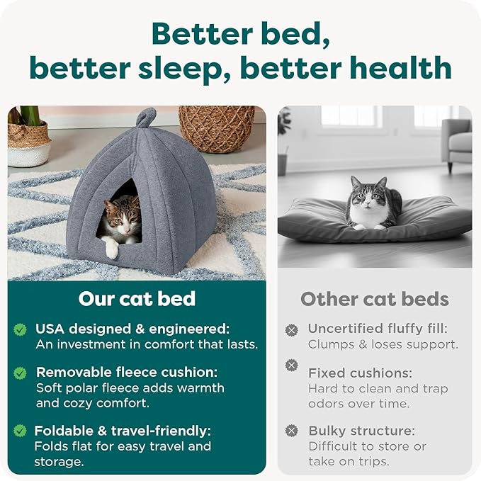 FurHaven Cat Bed Cave for Indoor Cats & Small Dogs, Washable & Foldable Pet Tent with Removable Cushion, Small, Polar Fleece, Heather Gray