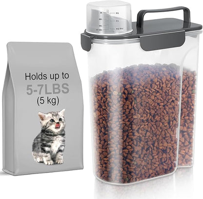 5-7Lbs Cat Dog Storage Container, Portable Pet Food Containers with Upgraded Large Spout and Cup, Small Animal Kibble Dispenser for Bird Seed, Oatmeal, Rice, Flour (1, Dark Gray, 5L)