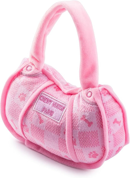 Haute Diggity Dog Pink Checker Chewy Vuiton Handbag, Plush Designer Dog Toys with Interactive Squeaker, Stimulating Pet Enrichment, Machine-Washable & Safe Materials for All Breeds, Size Small