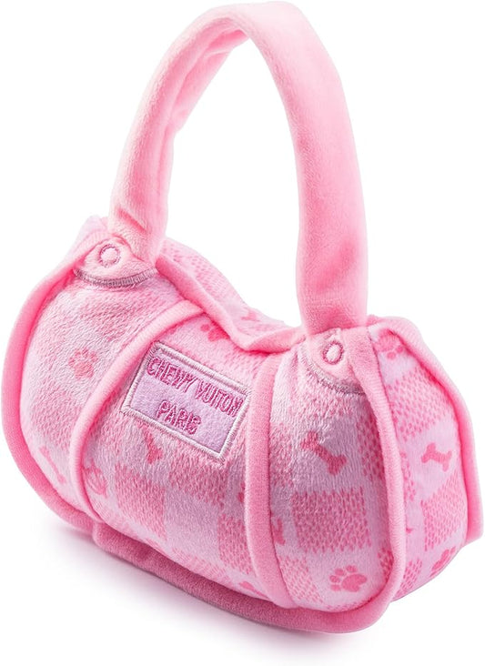 Haute Diggity Dog Pink Checker Chewy Vuiton Handbag, Plush Designer Dog Toys with Interactive Squeaker, Stimulating Pet Enrichment, Machine-Washable & Safe Materials for All Breeds, Size Small