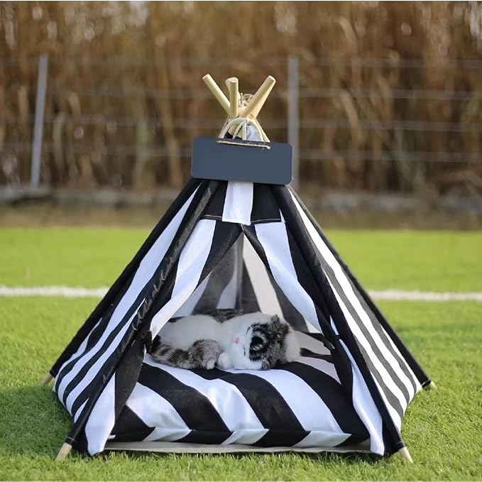 Cat Teepee Tent Bed,Outdoor Indoor Dog House,Portable Washable Pet Tent for Small Dogs with Cushion,Inside Pet Teepee for Small Medium Animals (White&Black, M)