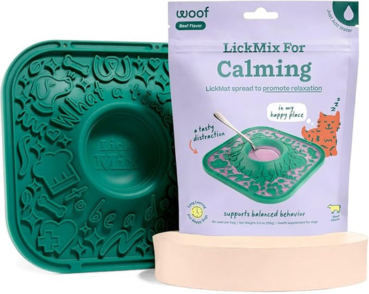 Woof Lick Mat and Calming LickMix Starter Pack Bundle - Dog Enrichment and Spread - Slow Feeder Mat with Non-Slip Design - Delicious, Lower Calorie Mix -Green