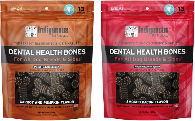 Indigenous Pet Dental Health Bones Regular 2 Pack Bundle – Bacon (17 Ounce) and Carrot (17 Ounce) | Grain-Free Dog Chews with Prebiotics & Omegas | Freshens Breath & Supports Digestive Health |
