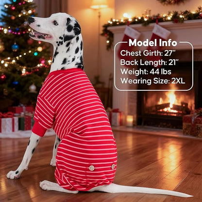 KYEESE Dog Pajamas, Striped Clothes Pet PJS, Velvet Fleece Doggie Jammies, Soft 4 Legs Outfit Dog Pajamas, Cozy Pet Clothes Onesie, Comfortable PJS for Medium Dogs,Red Striped, XX-Large