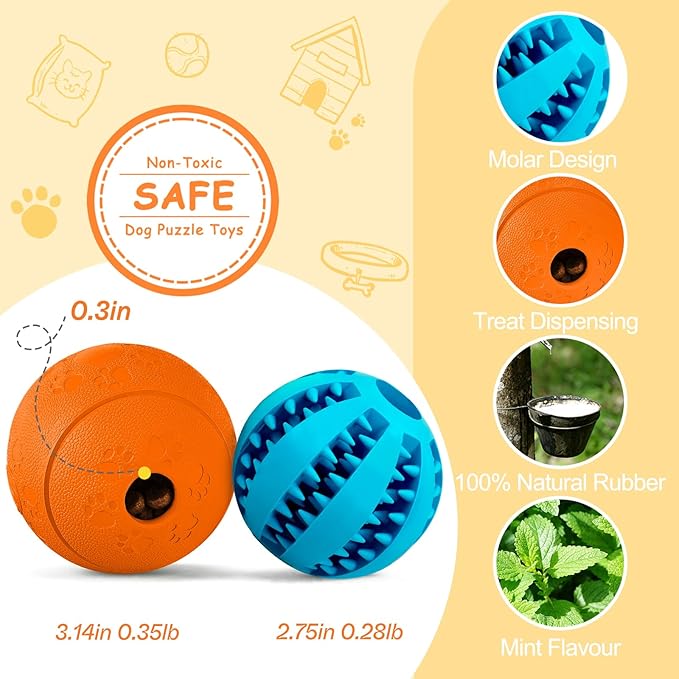 HIPPIH Dog Puzzle Toy 2 Pack, Interactive Dog Toys for Treat Dispensing, Durable Puppy Toys for Teething, Dog Treat Ball for Teeth/Slow Feeder/IQ Training/Playing, Blue-2.75‘’, Orange-3.14‘’