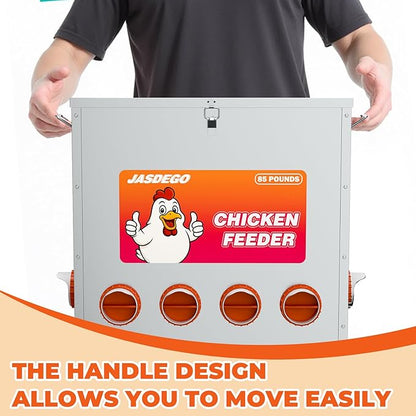 JASDEGO Metal Chicken Feeder No Waste 10 Ports Automatic Poultry Feeder Large Capacity 85 Pounds with Latch & Handle for Chickens Bantams Pheasants Poultry Coop Weatherproof