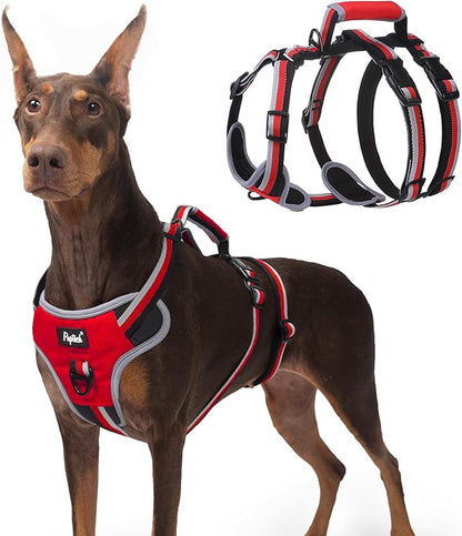 PUPTECK Escape Proof Dog Harness with Padded Handle, No Pull Pet Vest Harness Durable Reflective for Medium Large Dogs Walking Training and Running, Red, L