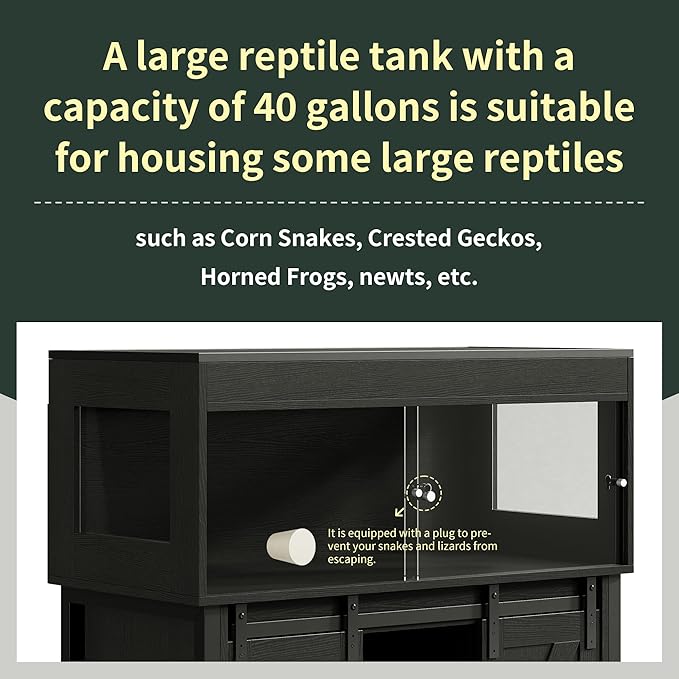 Herture 40 Gallon Reptile Terrarium with Stand, Reptile Tank with Barn Door and Storage, Vivarium with Acrylic Doors, Ventilated Mesh Top & Power Outlet, for Geckos, Lizards, Snakes Black PX06RTB