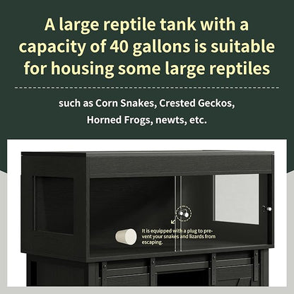 Herture 40 Gallon Reptile Terrarium with Stand, Reptile Tank with Barn Door and Storage, Vivarium with Acrylic Doors, Ventilated Mesh Top & Power Outlet, for Geckos, Lizards, Snakes Black PX06RTB