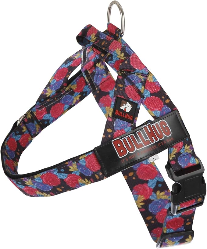 BULLHUG Adjustable Dog Harness– No Pull, No Choke – for English Bulldogs, French Bulldogs, Pugs & Broad-Chested Breeds – Easy, Safe Walks (Black Floral, XL)