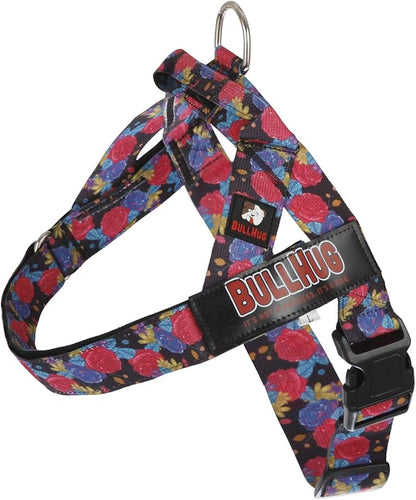 BULLHUG Adjustable Dog Harness– No Pull, No Choke – for English Bulldogs, French Bulldogs, Pugs & Broad-Chested Breeds – Easy, Safe Walks (Black Floral, XL)