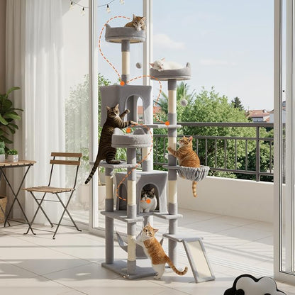 DUMOS Tall Cat Tree 75 Inch, Large Multi-Level Cat Tree Tower with Condo, Perches, Sisal Scratching Posts Board and Hammock, Pet Play House with Dangling Balls for Indoor Cats, Light Grey