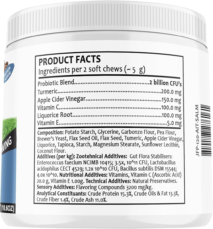 Dog Allergy Relief Chews - Itching Skin Relief with Probiotics and Turmeric for Dogs - Itchy Skin, Hot Spots, Paw Licking, Allergies & Immune Support - Made in USA - 120 Soft Treats, Salmon Flavor