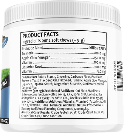 Dog Allergy Relief Chews - Itching Skin Relief with Probiotics and Turmeric for Dogs - Itchy Skin, Hot Spots, Paw Licking, Allergies & Immune Support - Made in USA - 120 Soft Treats, Salmon Flavor