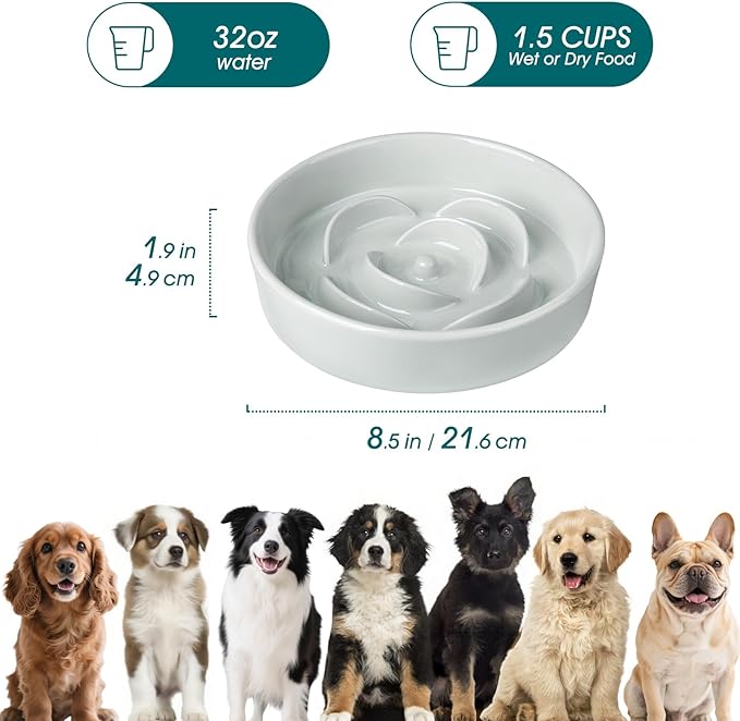 vancasso Slow Feeder Dog Bowl, 1.5 Cups Ceramic Dog Food Dish for Fast Eaters Small Breed, Puzzle Bowl for Small Dogs and Cats, Grayish Cyan