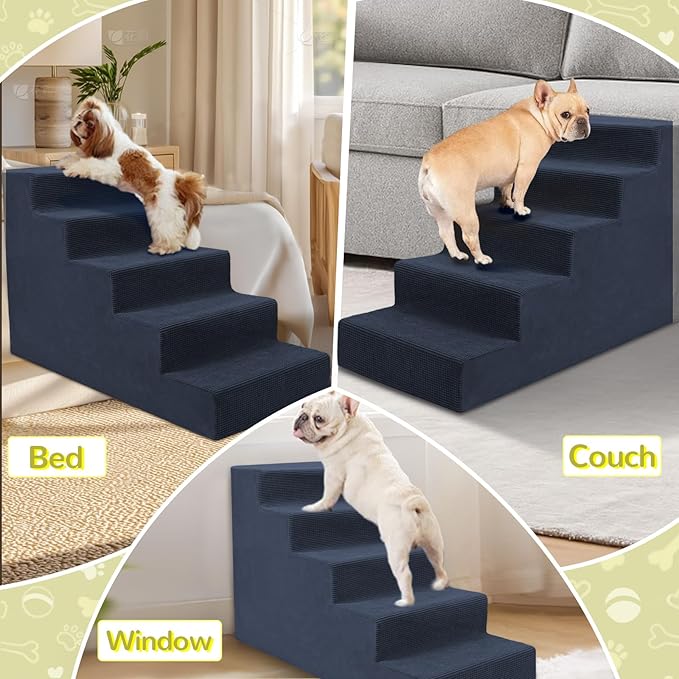 Niubya Dog Stairs for Small Dog and Cats,23”H Non-Slip Bottom Pet Steps for High Beds and Couch,High-Density Foam Pet Stairs Navy,5 Steps