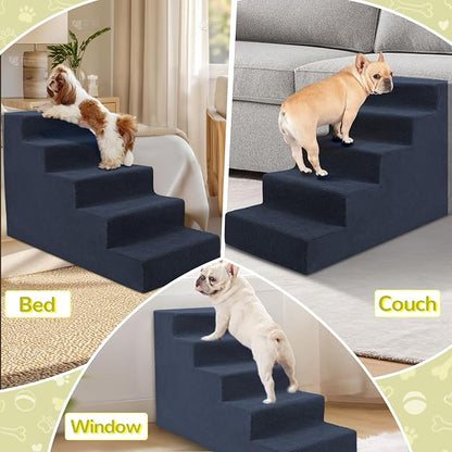 Niubya Dog Stairs for Small Dog and Cats,23”H Non-Slip Bottom Pet Steps for High Beds and Couch,High-Density Foam Pet Stairs Navy,5 Steps